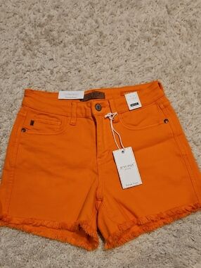 016p Judy Blue Bright Orange Frayed Hem High-Rise Shorts